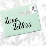An illustration of a green envelope is centered in the image, with the words "Love Letters" featured on the front in a sweeping script. In the background, there is a faint gray pattern of plant branches.