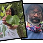 A collage of two images celebrating Black Botanists week, with each person holding up a native plant specimen.
