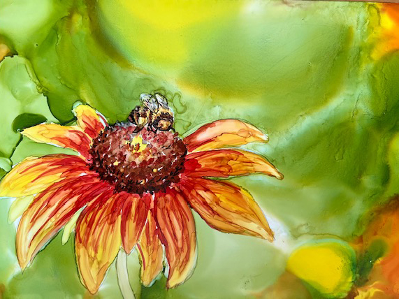 A bumble bee on a gaillardia flower with green background, an artwork in alcohol inks by Andrea Patton.