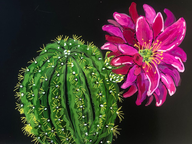 A blooming cactus painting in alcohol inks on black paper by Andrea Patton.